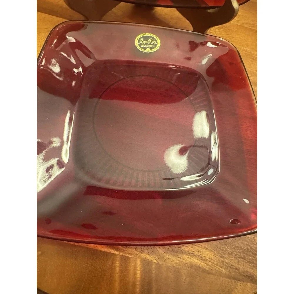 SET OF 2 ANCHOR HOCKING GLASS CHARM RUBY RED SQUARE LUNCHEON PLATES